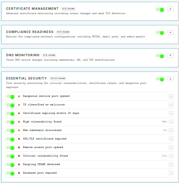 41 drift detection rules across 8 categories with toggle controls and trigger counts
