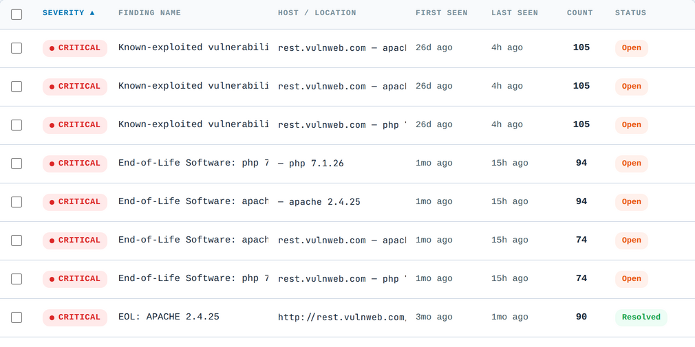 Drift alarms list showing critical known-exploited vulnerabilities and end-of-life software detected on a monitored host